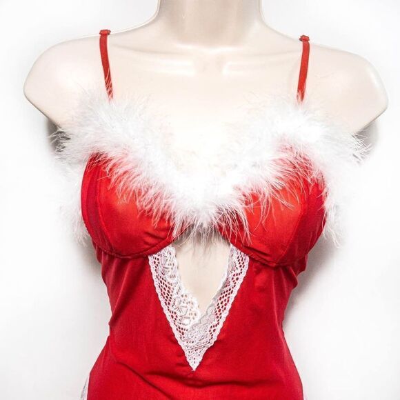 SHEIN Christmas Feather Trim Cut-Out Teddy Sz M Lingerie - Picture 3 of 8